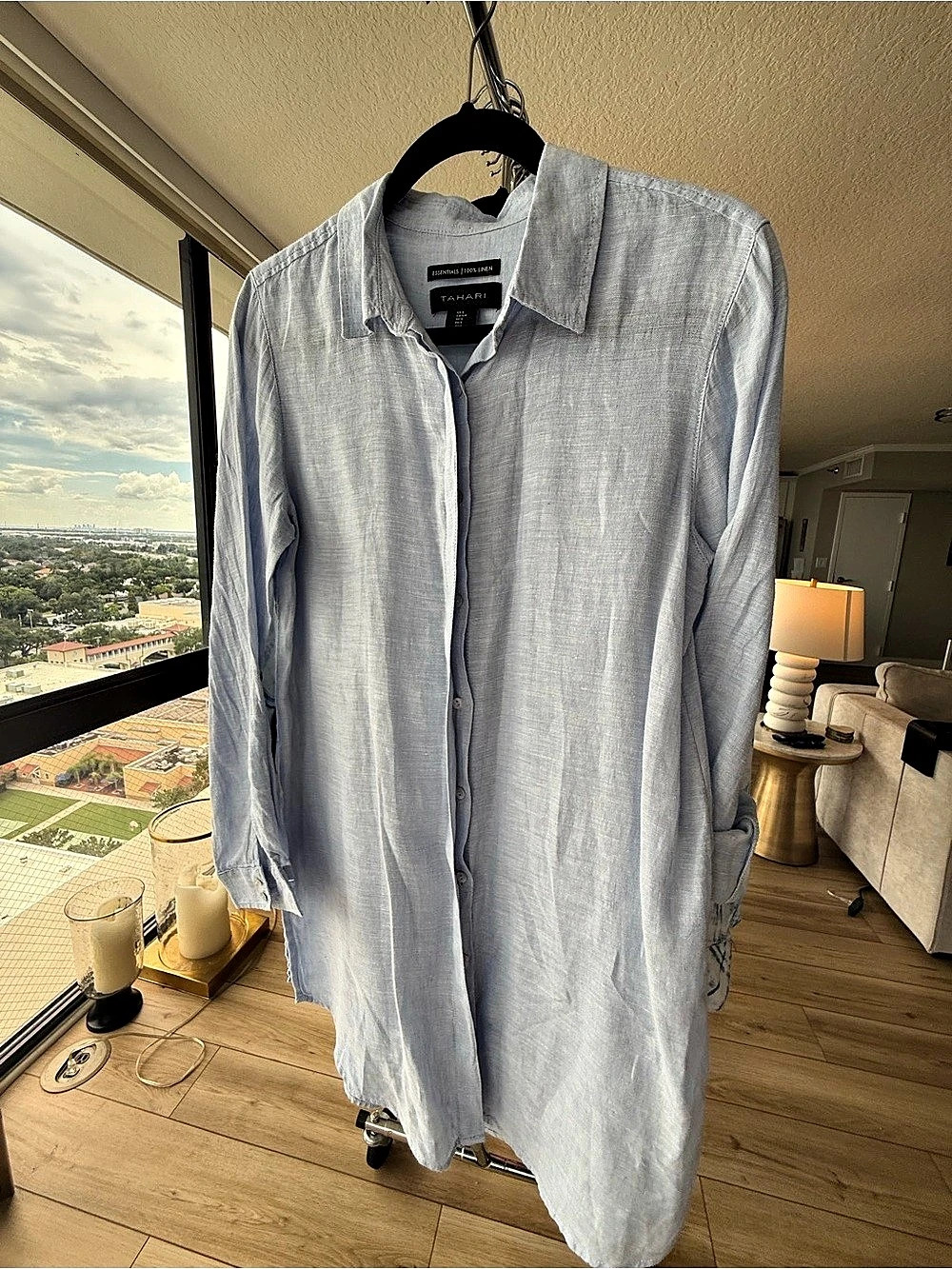 Tahari Essentials 100% Linen Long Sleeve Button Down Tunic Shirt